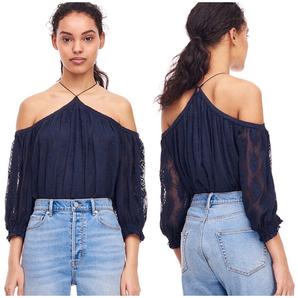 Rebecca Taylor open shoulder Selina top • navy blue silk